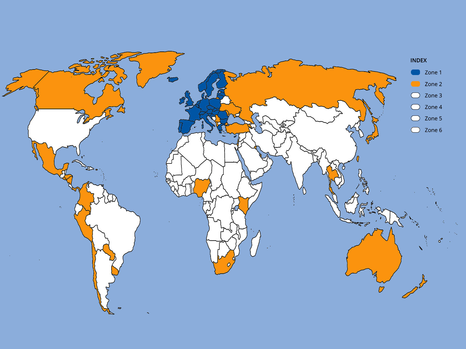wereldkaart met landen waar Octalarm Connect dekking heeft