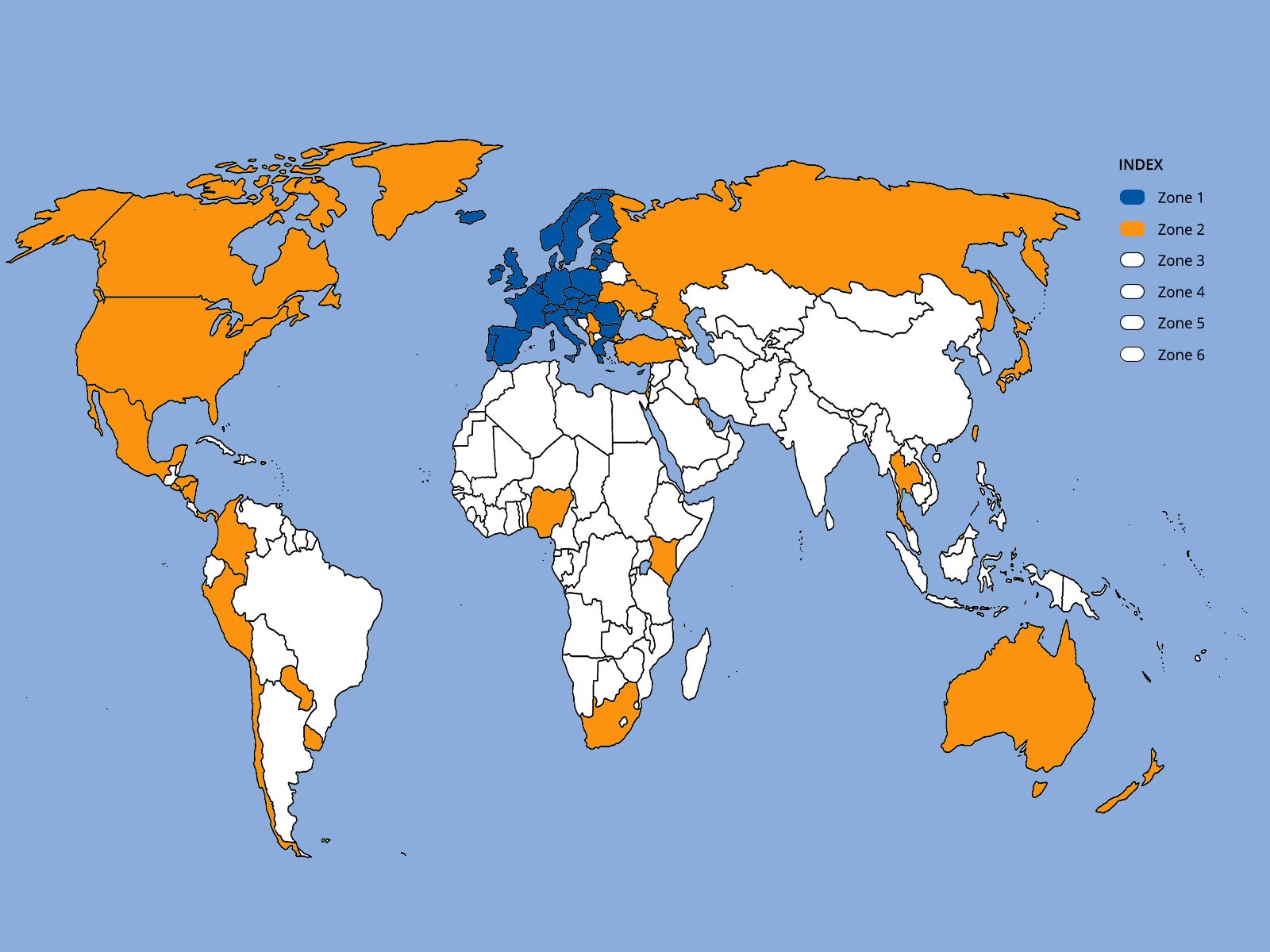 wereldkaart met landen waar Octalarm Connect dekking heeft